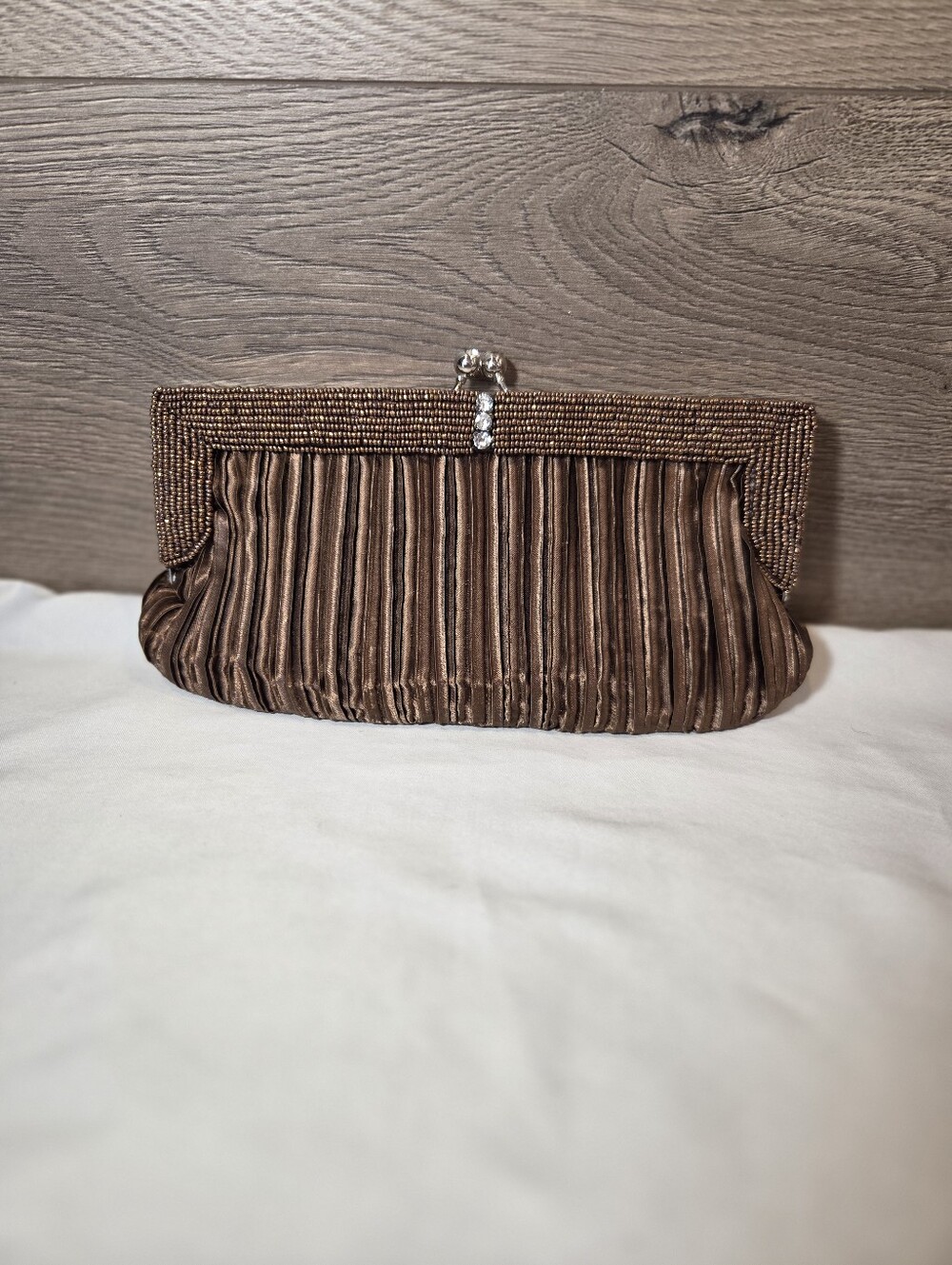Brown Beaded Clutch Purse Rhinestone Clasp